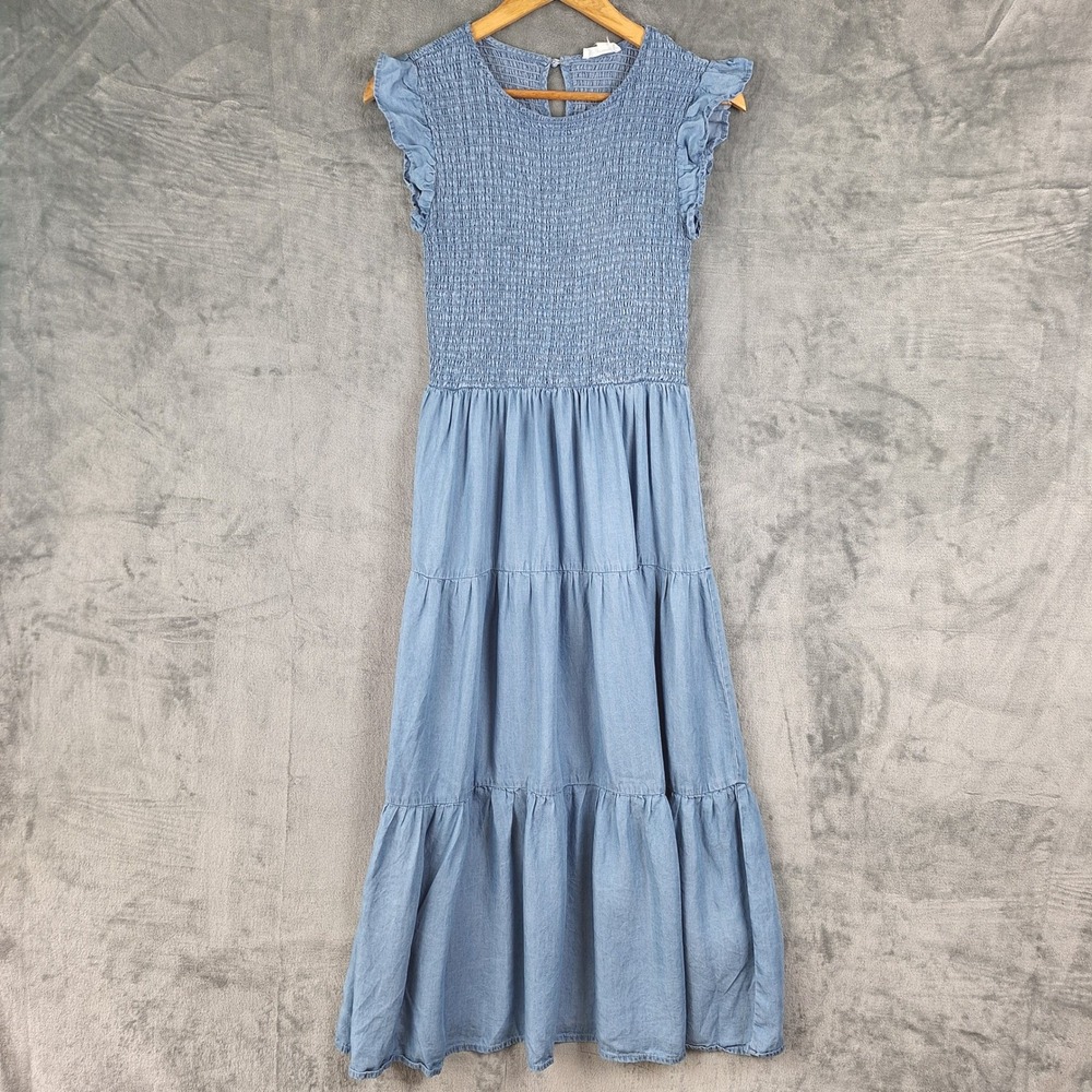 Womens Dress Medium Chambray Denim Midi Tiered Coastal Cowgirl Western Cottage
